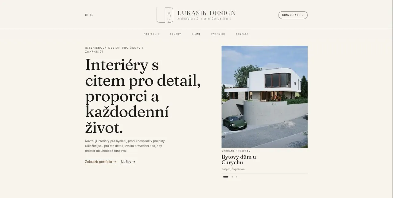 Lukasik Design homepage: the studio claim on the left, a featured Zurich apartment project on the right