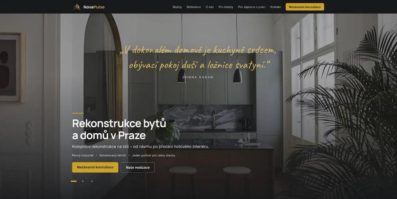 Nova Puls homepage: a renovated Prague kitchen behind the headline offering turnkey apartment and house renovation